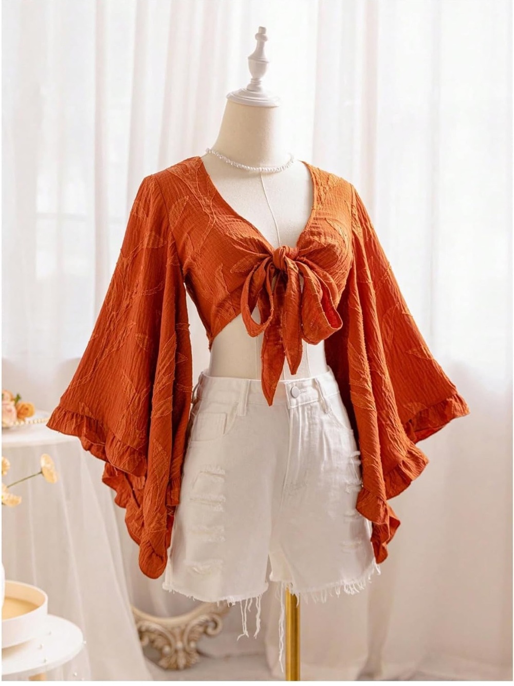 Burnt Orange Tie Front Bell Sleeve Crop Top Size S Boho